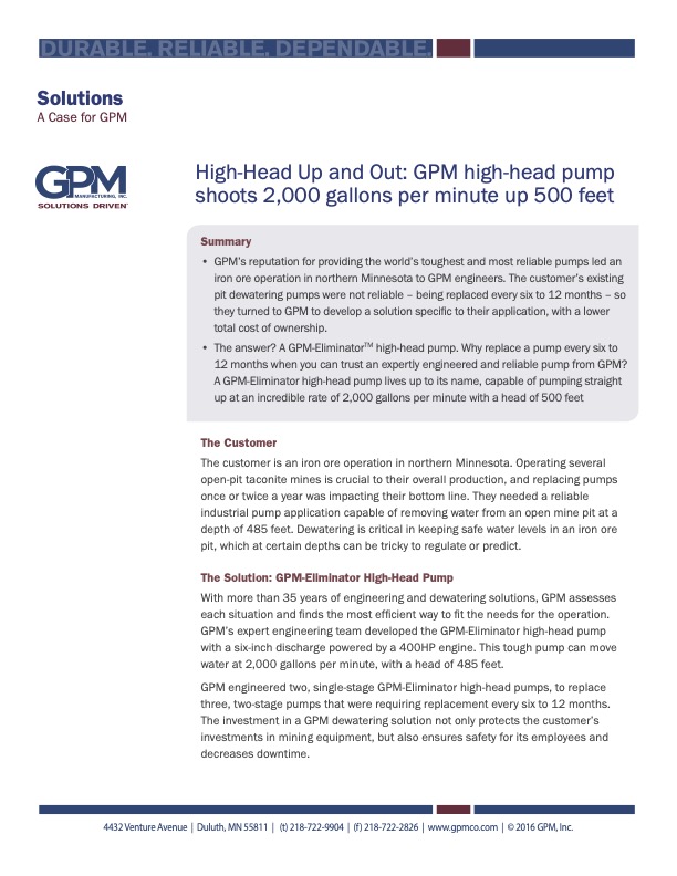 High-Head Up and Out: GPM High-Head Pump Shoots 2000 gallons per minute up 500 feet