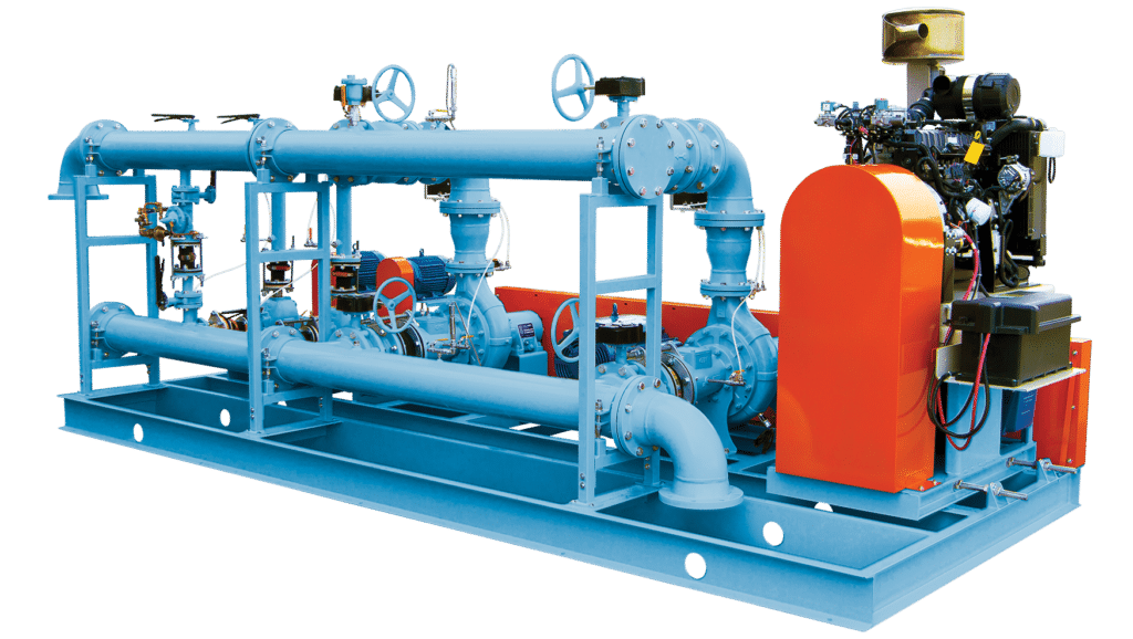 Clean Water booster station with blue piping and orange accents on a skid